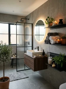 Grey bathroom with black open shelving and cozy decor