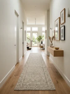 Hallway with perfectly placed runner rug and modern minimalist interior design.