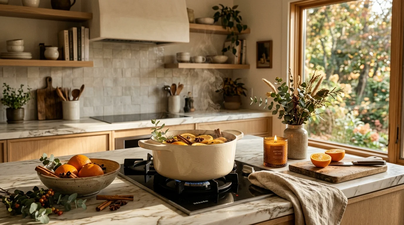 Cozy home interior with simmer pot, candles, and natural fragrances creating a warm atmosphere.