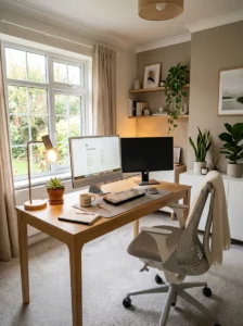 Quiet cozy home office with soft carpet flooring and modern workspace decor.