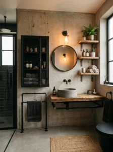 Industrial black metal bathroom cabinet with open shelving