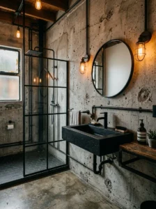Black sink in industrial-style bathroom with concrete and metal details