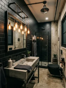 Industrial bathroom featuring black subway tile walls