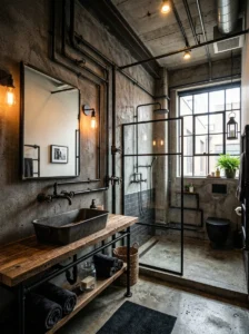 Industrial bathroom featuring black metal hardware and concrete textures