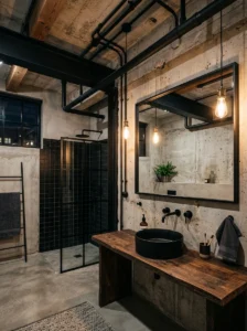 Industrial bathroom with exposed black ceiling and concrete textures