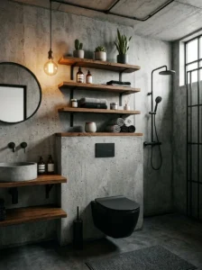 Black toilet paired with grey concrete bathroom walls