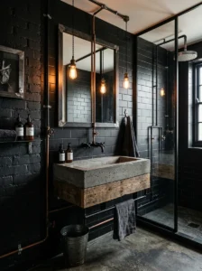 Industrial-style bathroom with black tile surfaces