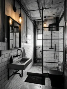 Industrial black and white bathroom with modern raw textures