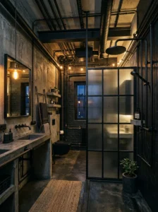 Industrial black bathroom with raw textures and modern styling