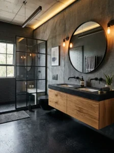 Black concrete bathroom flooring with industrial decor