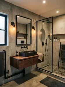 Grey concrete bathroom walls with black fixtures and accents