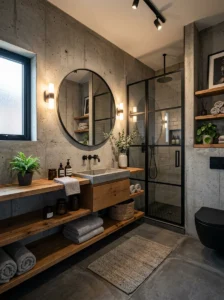 Concrete bathroom walls paired with black fixtures
