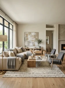 Neutral interior balancing warm beige tones with cool gray accents.