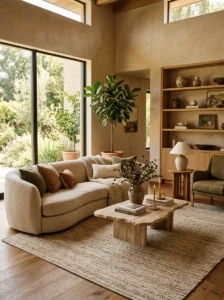 Organic modern living room with earthy textures, curved furniture, and natural materials.