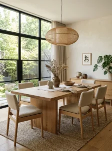 Japandi interior featuring natural wood, linen, ceramics, bamboo, and earthy textures.