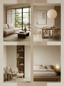 Modern Japandi style interior combining Japanese minimalism with Scandinavian warmth and natural materials.