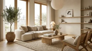 Elegant Japandi style living room with neutral colors, wooden furniture, cozy textures, and minimalist Scandinavian Japanese interior design.