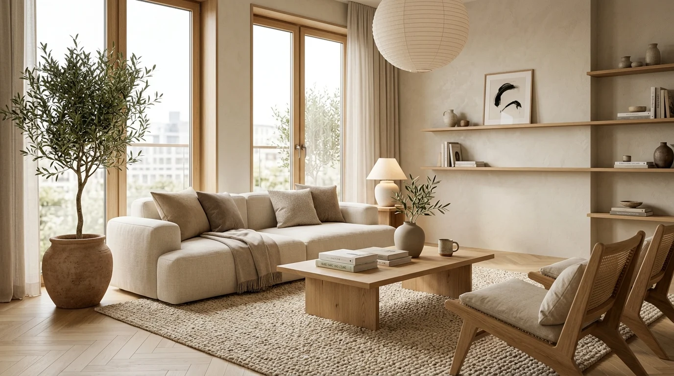 Elegant Japandi style living room with neutral colors, wooden furniture, cozy textures, and minimalist Scandinavian Japanese interior design.