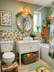 Animal-inspired bathroom tiles in a creative kids bathroom