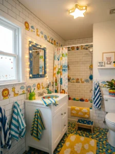 Cartoon-inspired bathroom tile accents for kids