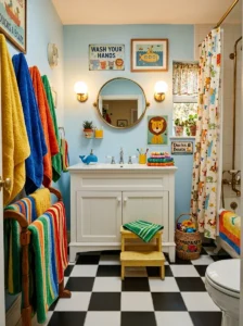 Checkerboard floor tiles in a stylish kids bathroom