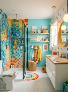 Colorful mosaic shower tiles in a kids bathroom