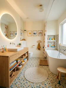 Terrazzo tile bathroom with colorful playful details