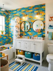 Rainbow tile shower with pastel colors, white fixtures, warm lighting, playful kids bathroom decor, bright modern interior styling
