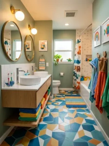 Geometric tile design in a playful kids bathroom