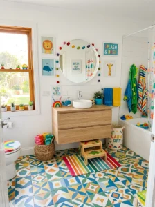 Multicolor floor tiles in a fun kids bathroom