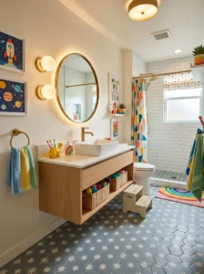 Star pattern floor tiles in a fun kids bathroom