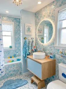Bubble-style tile walls in a kids bathroom