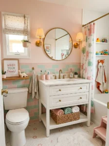 Pink and green tile bathroom designed for kids