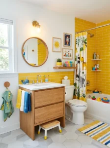 Yellow bathroom tile accents in a fun kids bathroom