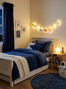 Space-themed bed corner with LED planets creating a cozy kids room