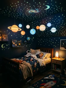 Solar system ceiling with LED planets creating a glowing space-themed kids room