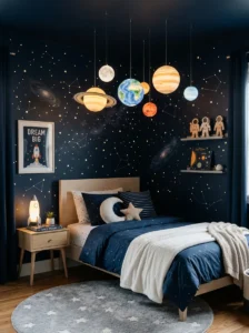 Space-themed kids room with LED planets, glowing lights, and galaxy-inspired decor