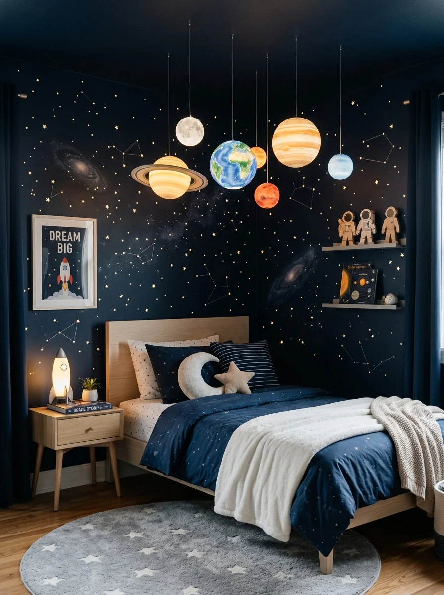 Space-themed kids room with LED planets, glowing lights, and galaxy-inspired decor