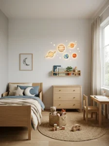 Minimal space-themed kids room with subtle LED planet lighting