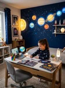 Space-themed study area with LED planets for a creative kids workspace