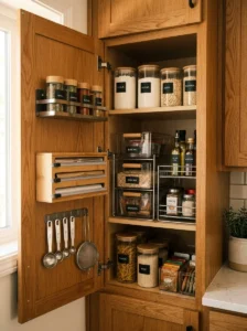 Kitchen cabinet doors used for hidden storage and organization in a small kitchen.