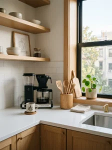 Minimalist small kitchen counter with only essential everyday items displayed.