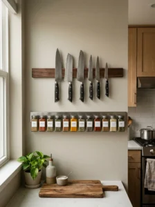 Magnetic knife strip and spice storage in a modern small kitchen.