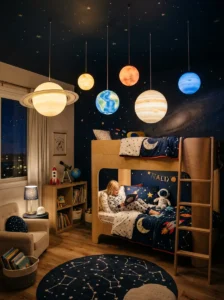 Hanging LED planet lights adding movement and fun to kids room