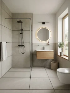 Large tile bathroom with subtle black grout lines