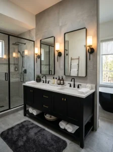 Black double sink vanity cabinet in a modern bathroom
