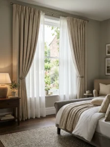 Layered sheer and blackout curtains creating a soft luxurious bedroom look.