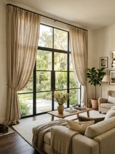 Wide full curtains creating a soft luxurious look in a modern living room.