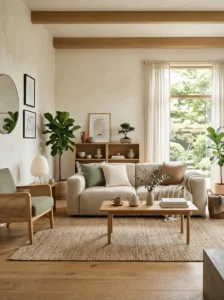 Japandi color palette with beige, sage green, warm white, and natural wood tones in a minimalist living room.