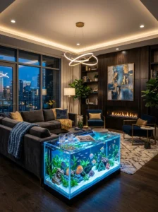 Luxury living room with LED aquarium coffee table